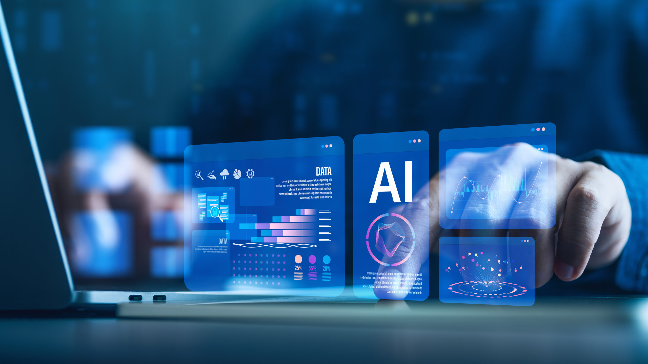 Businesspeople use computers and laptops to analyze AI-driven data in finance, marketing, big data, advertising, and UX/UI etc. to help solve problems faster and better.
